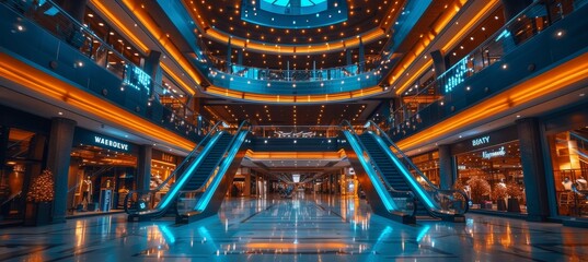 Obraz premium Futuristic shopping mall ambiance with two escalators illuminated by blue and white lights
