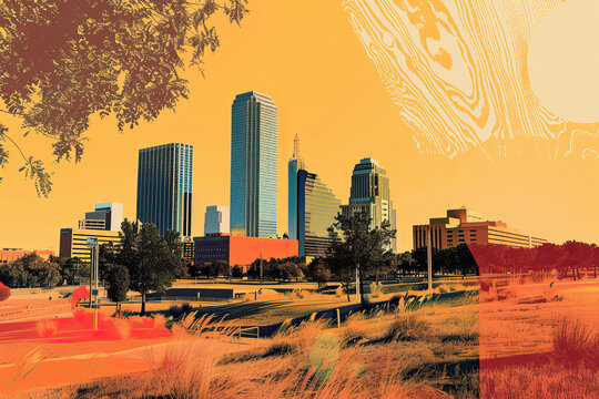 Risograph riso print travel poster, card, wallpaper or banner illustration, modern, isolated, clear, simple of Norman, Oklahoma, USA. Artistic, screen printing, stencil