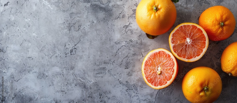 Leinwandbilder grapefruits and tangerines arranged on a gray concrete backdrop with room for text perfect for a cop