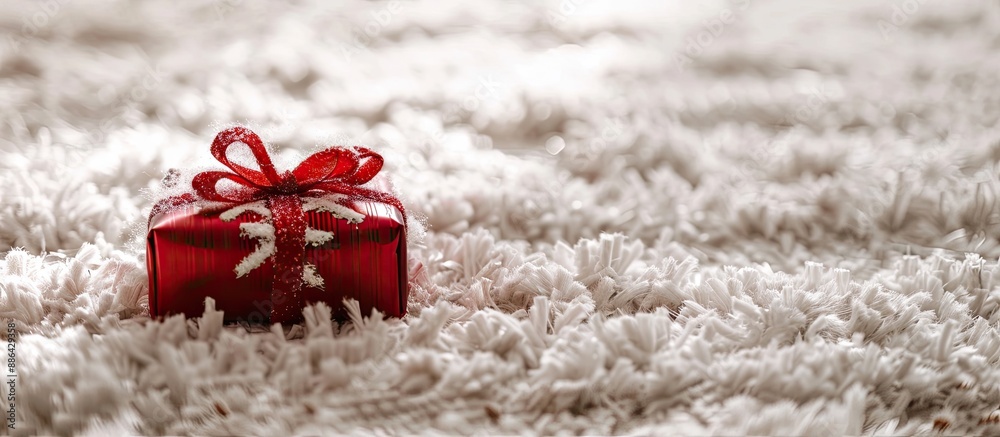 Poster a christmas present is displayed on a white carpet in a photo with copy space image