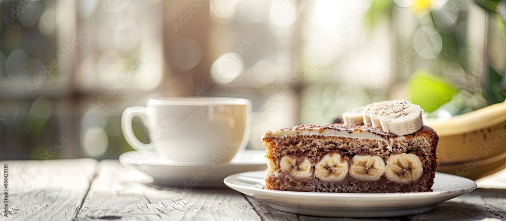 Poster enjoying a delectable slice of banana cake in the morning a delightful treat with a cup of coffee ag