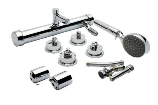 Chrome Shower Head and Plumbing Components for a Luxurious Bathroom on a White or Clear Surface PNG Transparent Background
