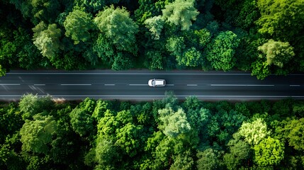 Aerial view of a car driving on a highway road in a green forest