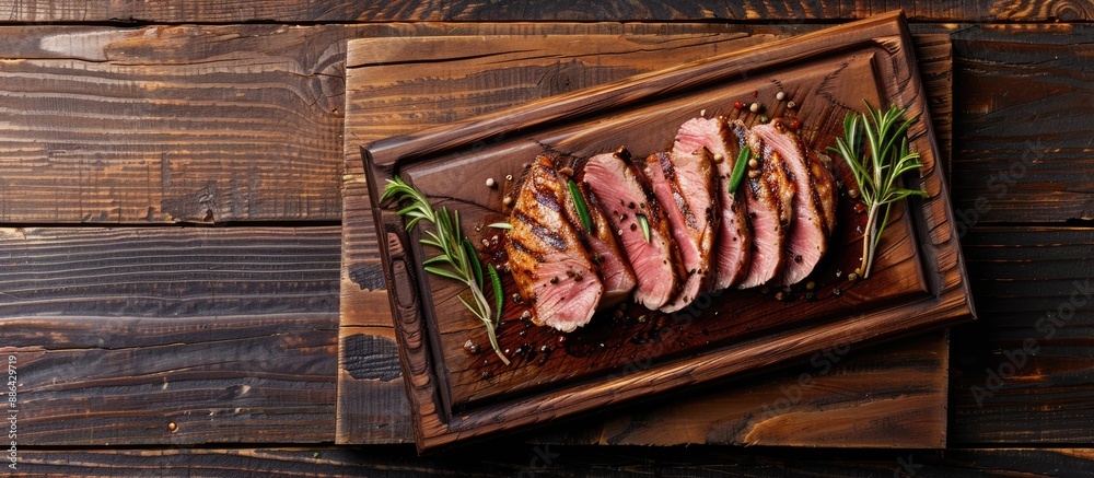 Leinwandbilder Top view of sliced grilled lamb fillet on a cutting board against a wooden background with empty space for text or images. with copy space image. Place for adding text or design