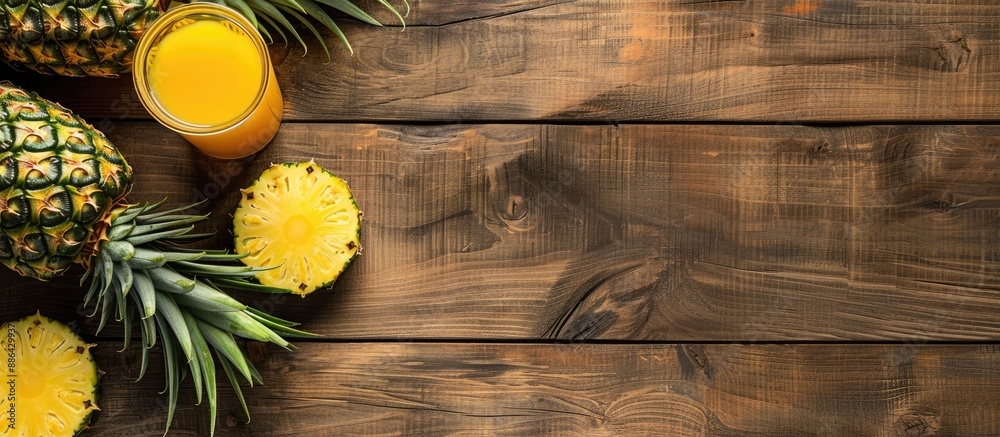 Aufkleber Copy space image of pineapple juice on a wooden table with a halved fruit placed upside down in a frame
