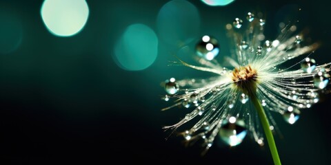Macro photography of dandelion seed head with water drops on a dark green background with bokeh. Nature, beauty, fragility.