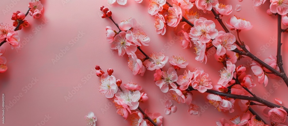 Aufkleber flat lay composition featuring apricot flowers on a pink table with cherry blossom branches in the b