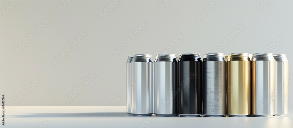 Poster aluminum beverage cans arranged on a white backdrop with copy space image