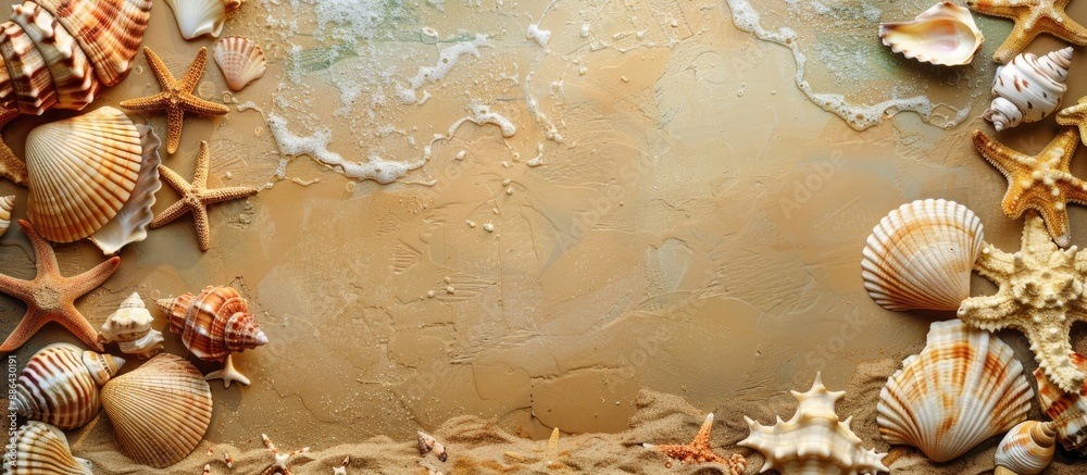 Poster picture frame with seashells on a sandy background featuring copy space image