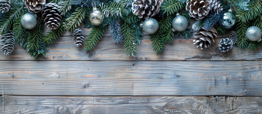 Aufkleber horizontal banner featuring a christmas border with pine branches adorned in blue and silver santa c
