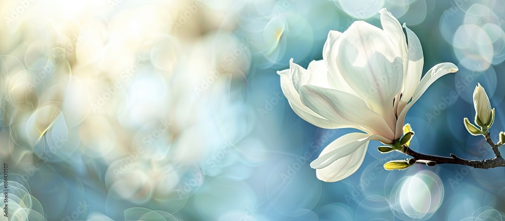 Fototapete spring background with a white magnolia flower on a branch in focus set against a blurred backdrop t