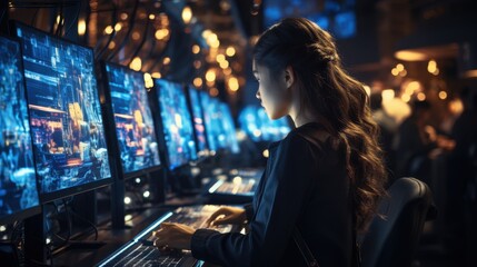 Female Developer Working on Computer with Multiple Monitors Showing Software Code in a Dark Monitoring or Control Room. Technology Concept.