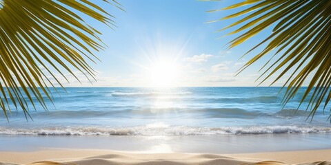 Obraz premium Idyllic tropical beach scene with palm trees, white sand, and turquoise ocean waves at sunset. Perfect for travel and vacation themes.