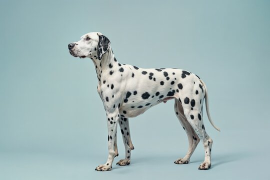 Beautiful Dalmatian dog standing in full body side view