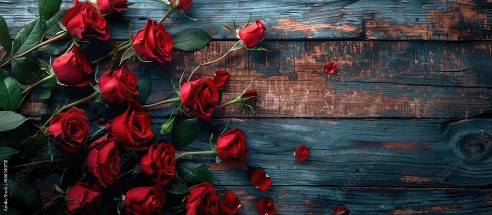 Poster valentine s day themed concept with red roses on a wooden backdrop perfect for an image with copy sp