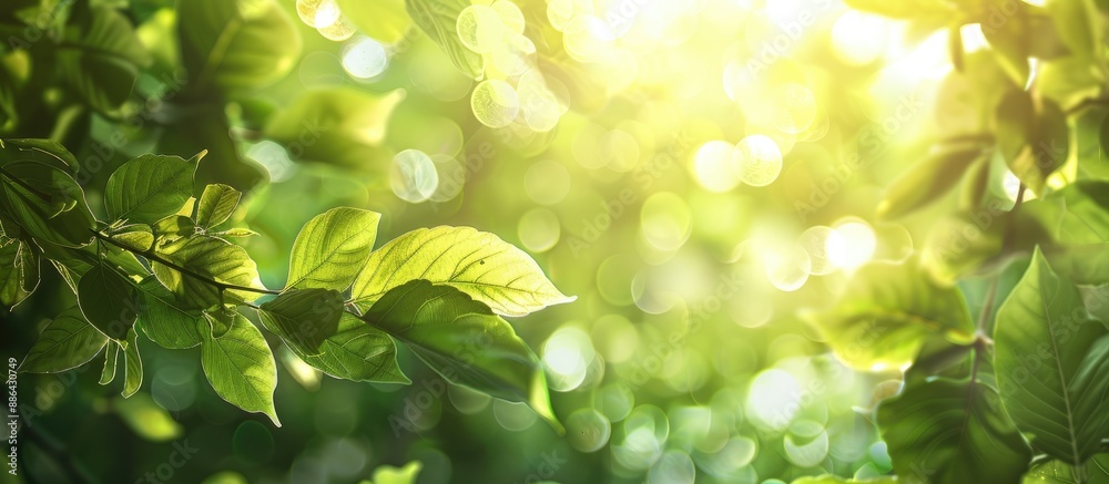 Fototapete Blurred nature backdrop with bokeh for creative designs Green leaves bokeh background from forest with spring elements and natural light in blur style featuring copy space image