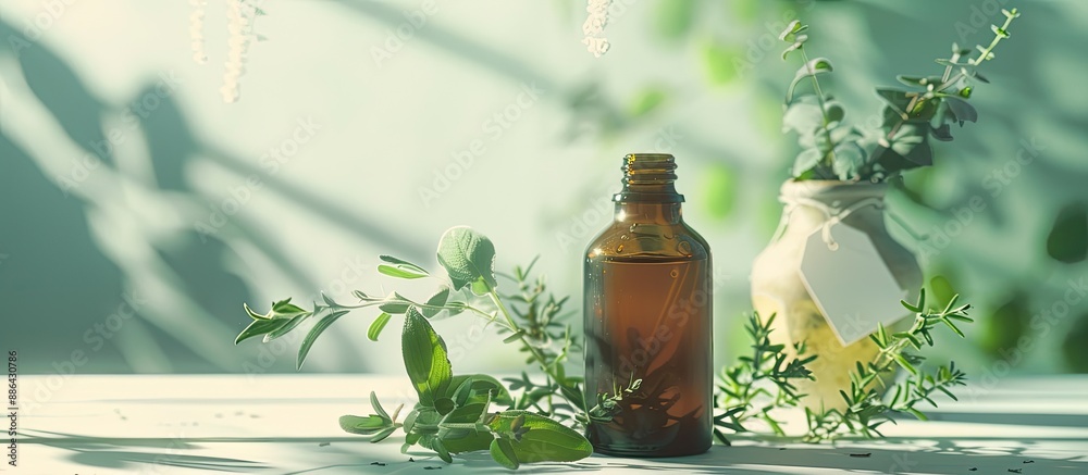 Aufkleber Still life composition featuring herbs a brown glass bottle of essential oil and a white tag set against a light blue and white background with sunlight and shadow creating a serene atmosphere for a