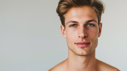 Naklejka premium A young man with light brown hair and blue eyes smiles gently at the camera. His skin is smooth and clear
