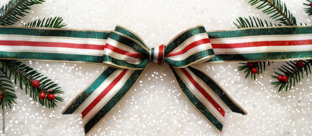 Aufkleber festive silk ribbon with white red and green stripes in a bow atop snowy glitter backdrop with fir t