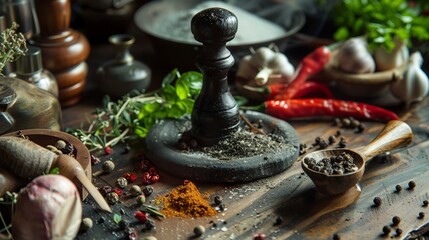 Fototapeta premium Assorted Spices and Herbs in Rustic Kitchen
