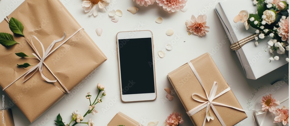 Aufkleber Top view of a white table with a mobile phone displaying a blank screen an open notebook various gift boxes and flowers ready for photography with copy space image