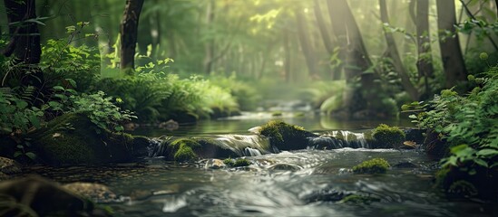 Blurred forest stream creates a dynamic backdrop with copy space image