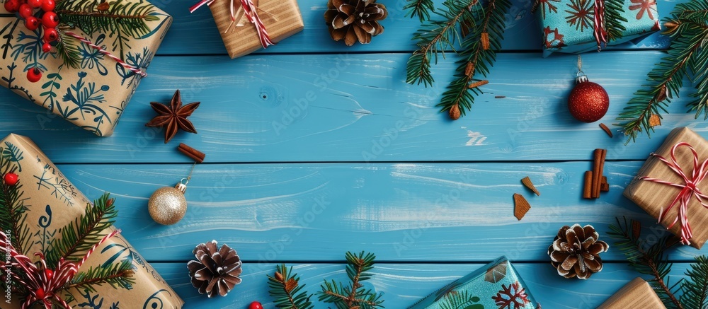 Poster Top down view of a festive New Year and Christmas pattern featuring handmade crafts with a background of blue wood and copy space for images or text on a card