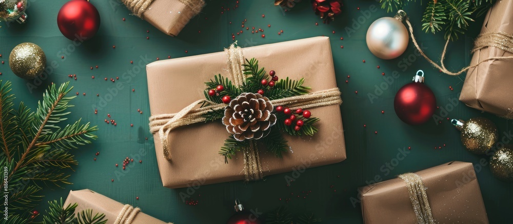Poster top view of a christmas present adorned with decorations featuring ample copy space image