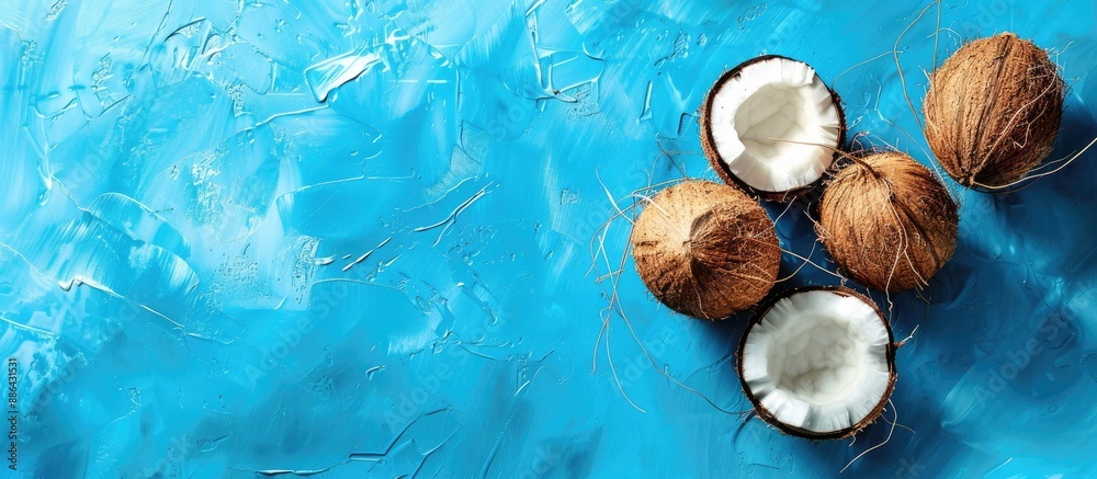 Aufkleber Coconut fruits on a bright blue background creating an abstract tropical food concept with an angled view for a copy space image