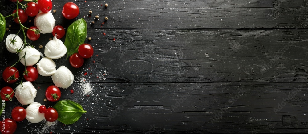 Poster Top down view of cherry mozzarella cheese on a black wooden surface with ample copy space image available