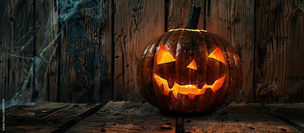 Poster close up of a halloween pumpkin decoration illuminated by a spotlight with a rim light effect agains