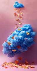 Fototapeta premium A blue cloud from which autumn leaves fall. Minimal autumn landscape