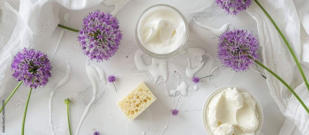 Poster copy space image featuring lotion allium blooms sponge and cream on a white backdrop