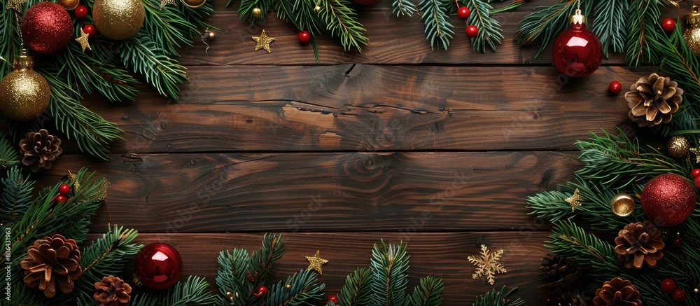 Poster Top down view of a festive Christmas setting with a wooden backdrop featuring a frame crafted from fir branches and ornaments creating a festive Xmas concept with room for text. with copy space image