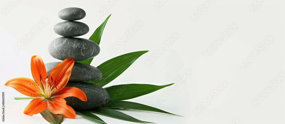 Aufkleber stone balance pyramid an orange lily and green leaves create a soothing spa relaxation concept on a 