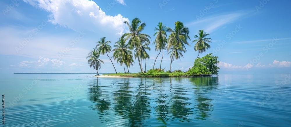 Poster Focused on nature there are coconut trees on the island with a tranquil background perfect for a copy space image