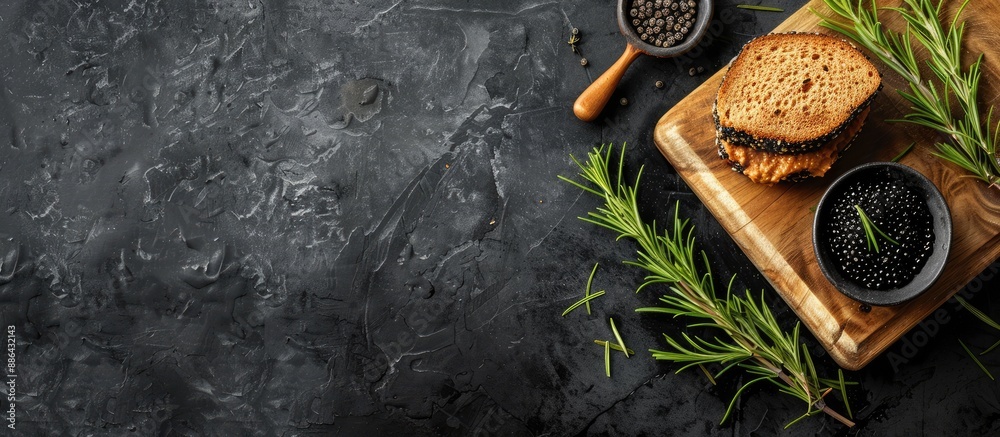 Poster a black caviar sturgeon sits in a dark bowl next to a sandwich on a wooden board on a black table wi