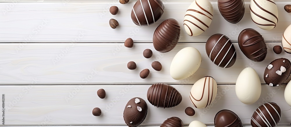 Leinwandbilder top view of chocolate easter eggs arranged on a white wooden table with space for additional images