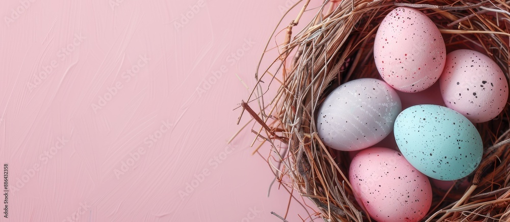 Poster colorful easter eggs nestled in a nest on a soft pink pastel background with available copy space im