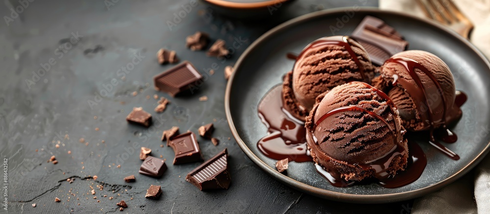 Aufkleber Chocolate ice cream with syrup on plate on dining table with copy space image