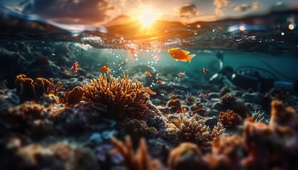 Fototapeta premium Ocean conservation in action, divers removing plastics and restoring coral reefs, a vivid call to protect marine life