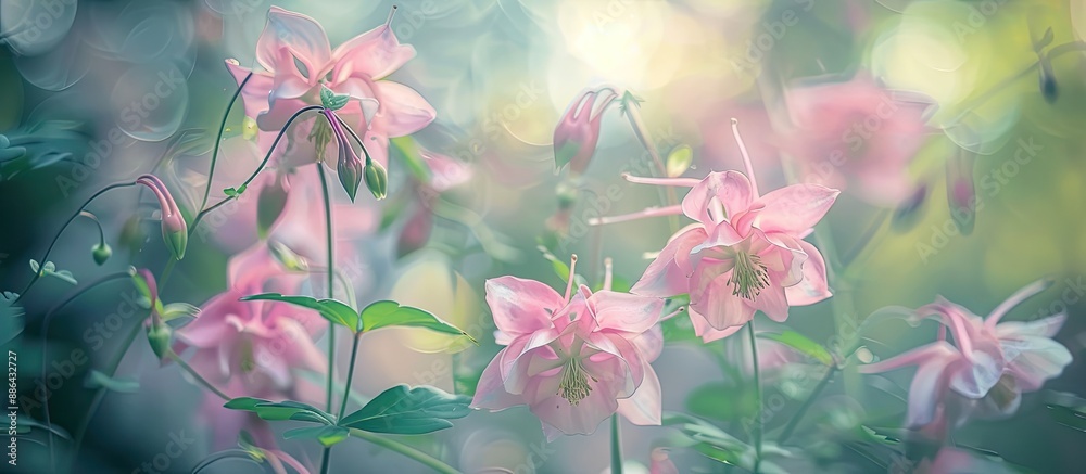 Poster blurry close up photo of pink columbine flowers known as granny s bonnet in a garden setting with se