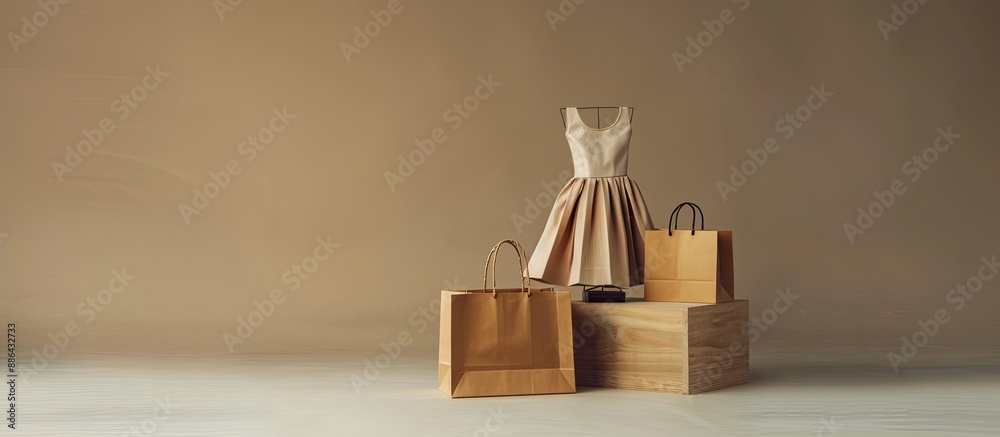 Poster wooden cubes displaying a paper shopping bag a paper bag and a paper dress with a neutral background
