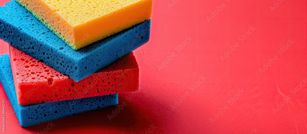 Aufkleber colorful sponges on a red backdrop with a copy space image for a cleanup day featuring a sponge clea