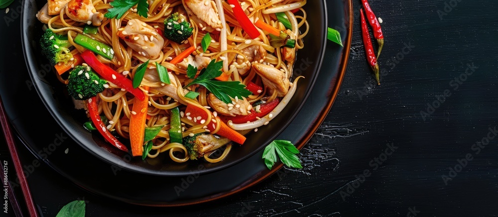 Poster plate with noodles chicken vegetables and sesame seeds against a black backdrop with copy space imag