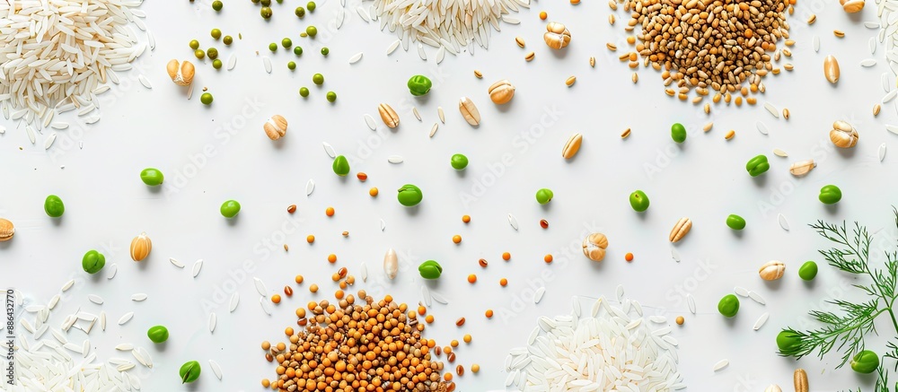 Fototapete a pattern featuring buckwheat wheat peas and rice arranged on a white background suitable for a copy
