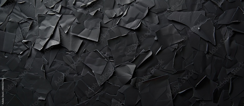 Poster Black paper pieces create a textured backdrop with space for adding images or text. with copy space image. Place for adding text or design