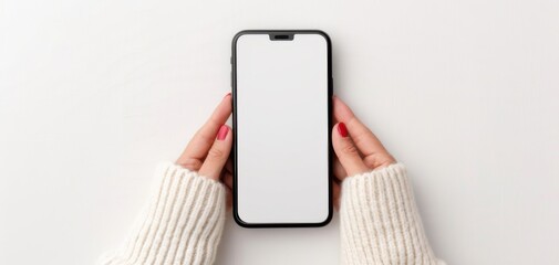 Hand Holding Smartphone with Blank Screen in White Sweater Isolated on White Background