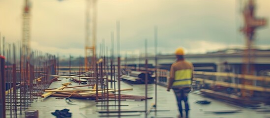Fototapeta premium Blurred image of a worker with metal frame on a construction site for a highway bridge perfect as a backdrop for text or other elements with copy space