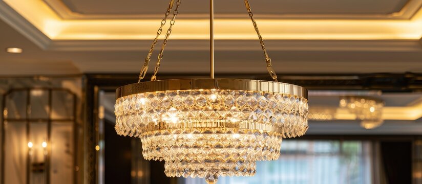Luxuriously designed chandelier lamp featuring a diamond crystal with an elegant and opulent aesthetic ideal for adding sophistication to any space. with copy space image